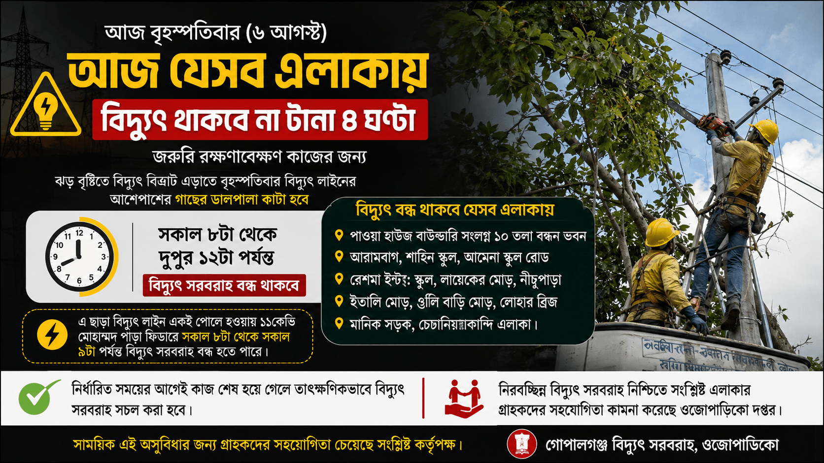 আজ যেসব এলাকায় বিদ্যুৎ থাকবে না টানা ৪ ঘণ্টা