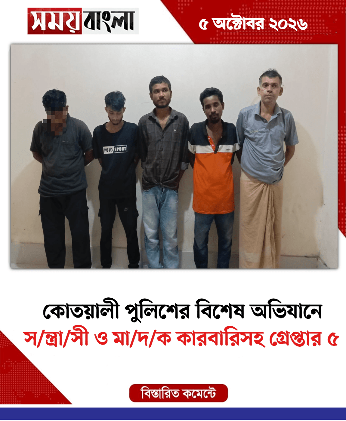 স/ন্ত্রা/সী ও মা/দ/ক কারবারিসহ গ্রেপ্তার ৫
