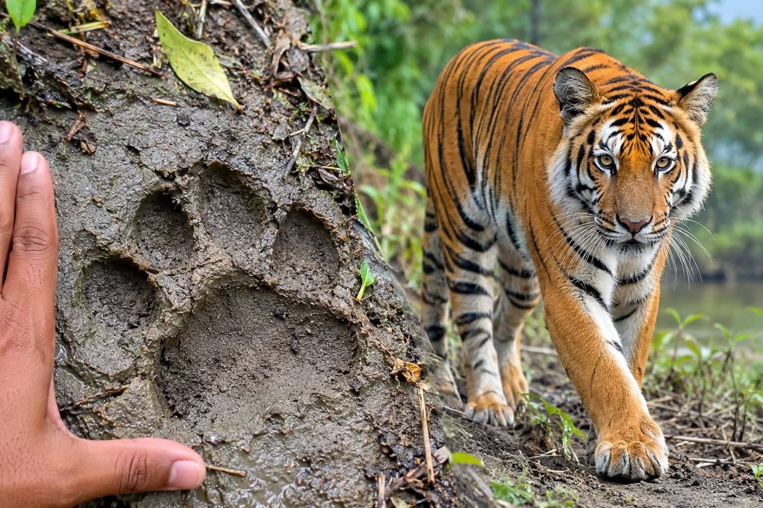শরণখোলায় লোকালয়ে বাঘের পায়ের ছাপ,আতঙ্কে মাইকিং
